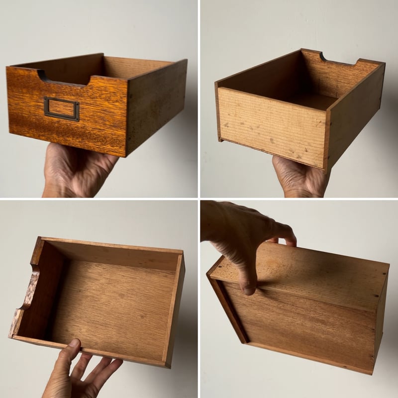 古い木製引出し 15杯 小ぶりサイズ ラワン無垢材 銅のネームタグ