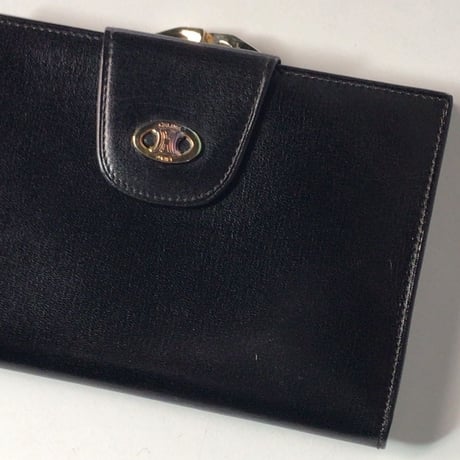 CELINE セリーヌ ガマ口 コンパクト財布 マカダム カーフレザー  ブラック  オールド ヴィンテージウォレット　中古極美品