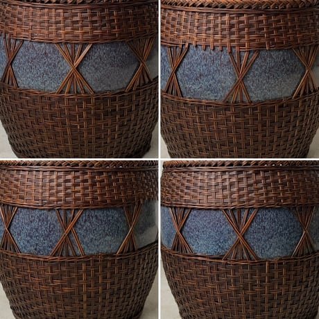 竹編みの古い火鉢 29cm 海鼠釉 古甕 メダカ鉢 睡蓮鉢 水栽培 ビオトープ  ガーデニング