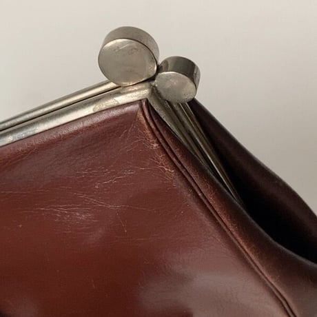 ヴィンテージ がま口 クラックバッグ ポーチ セカンドバッグ  レザー ボルドー系ブラウン 60s70s マチ有り 蛇腹開口 革鞄