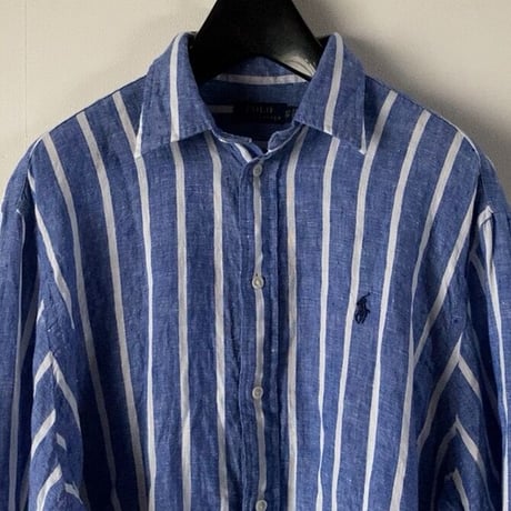 POLO RALPH LAUREN ポロ ラルフローレン 2020年製 クロップドリネンシャツ 青/白 ストライプ ドロップショルダー size XS  USED美品