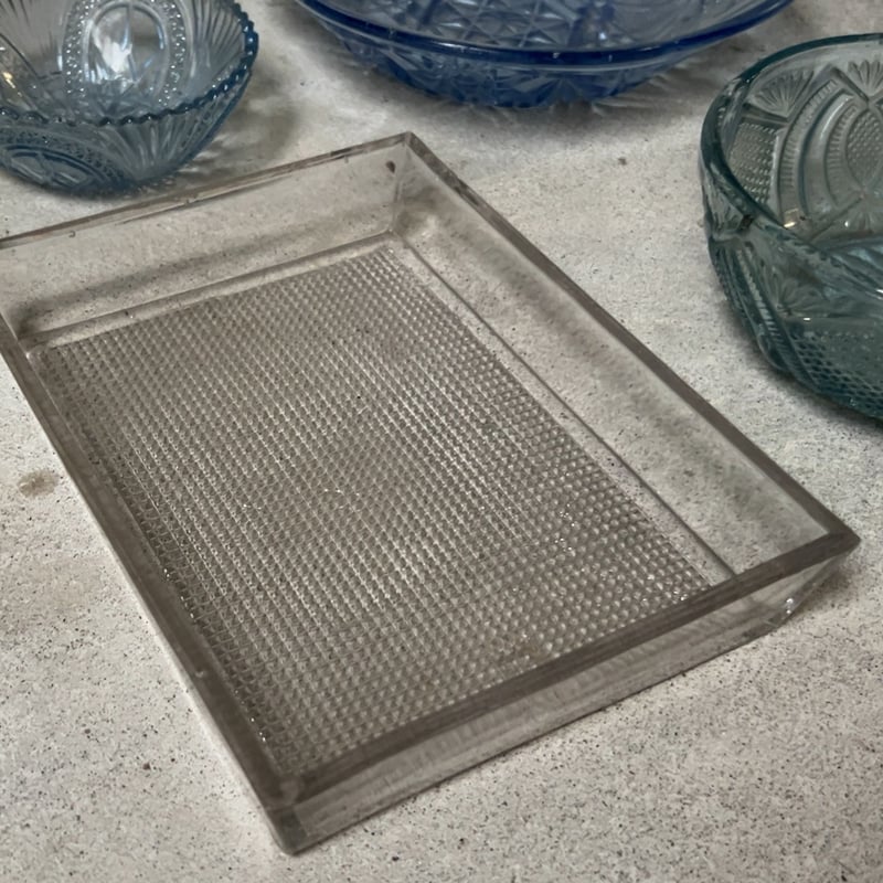 アンティーク プレスガラス スクエアトレー 幅約20cm 角皿 古硝子