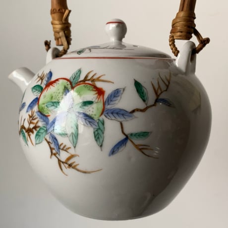 松風 古い茶器セット(急須+蓋茶碗5客) 桃柄 桃図 植物画   竹持ち手 湯呑 煎茶器