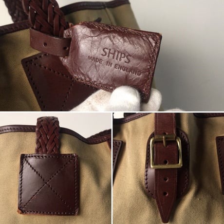 SHIPS シップス  イングランド製  ラージトートバッグ　コットン／レザー  コンビ素材  イギリス UK ベージュ/ブラウン 編みハンドル  スタンダードデザイン　made in England