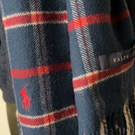 RALPH LAUREN ラルフローレン チェック柄 大判ストール ウール100% ひざ掛け 膝掛け 肩掛け マフラー ダークブルー/赤/白 好配色 POLO ポロ 中古美品