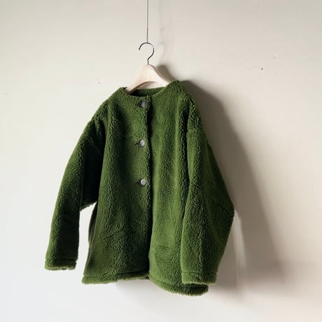mao made  マオメイド  モックネックノーカラーボアジャケット  もこもこ いつものモックネックジャケット ピスタチオグリーン　中古良品