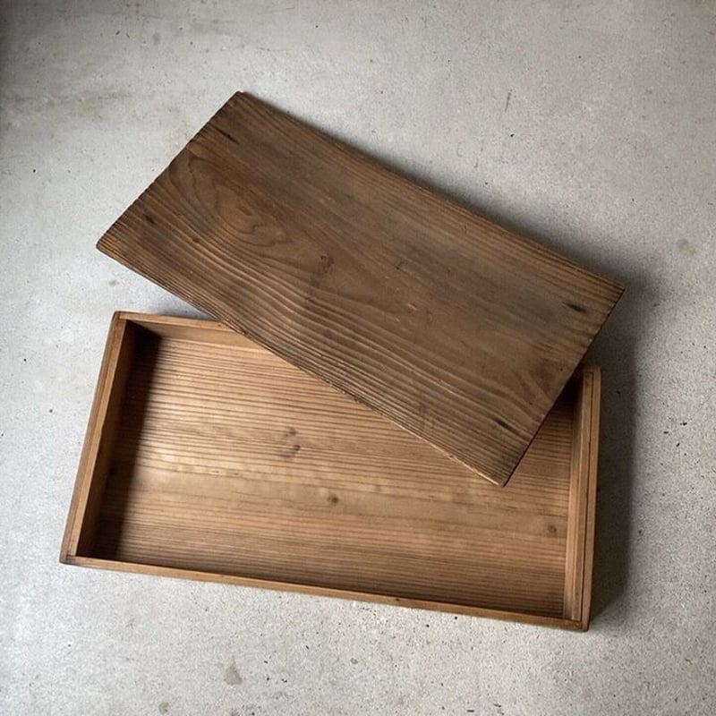 古い蓋付もち箱 杉材無垢 昭和23年 戦中 木箱 平箱 古道具 美品