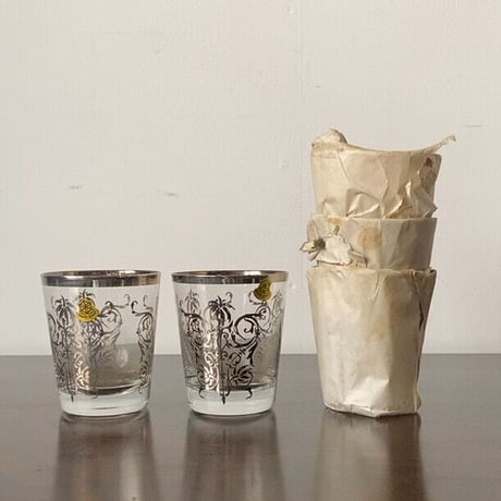 TOYO-SASAKI GLASS  東洋佐々木ガラス 昭和期 デッドストック ガラスコップ5個セット  銀プリント シール有り 未使用品  ロックグラス兼デザートカップ兼ディナーグラス ヴィンテージ