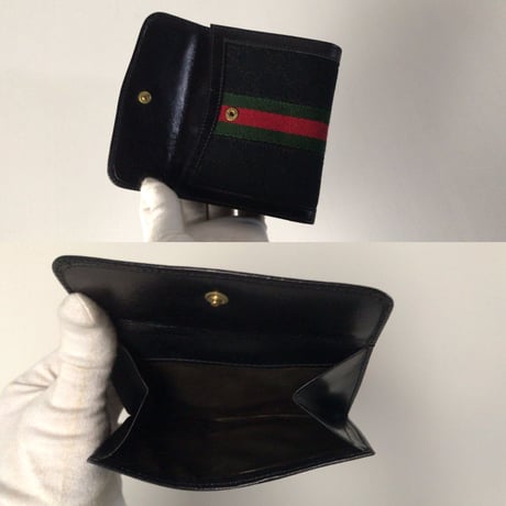 GUCCI オールドグッチ 2つ折りWホックコンパクトウォレット ミニ財布 レザー/ GGキャンバス ブラック 極美品　ヴィンテージウォレット