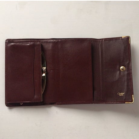 Cartier カルティエ  マストライン 三つ折りコンパクト財布  ウォレット　レザー  ボルドー がま口タイプ  ヴィンテージ
