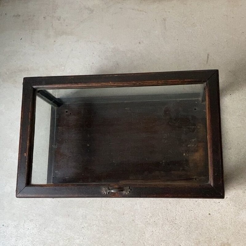 アンティーク 卓上ショーケース 木枠＋ゆらゆらガラス 上開き