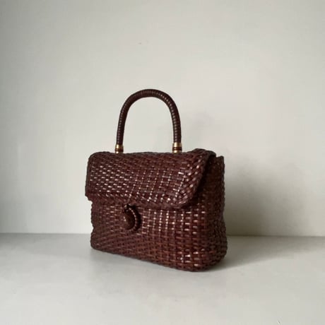 70s VINTAGE bag  OFFEL paris  オフィール パリス　レザー総編みハンドバッグ ケリー型 イントレチャート ブラウン クルミボタン 本革 革編み 中古良品