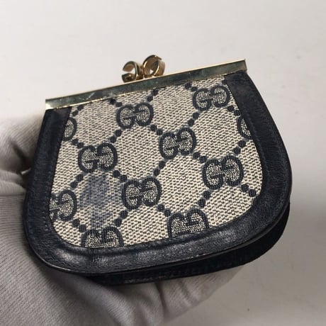 GUCCI グッチ オールドグッチ コーティングGGキャンバス/レザー ガマ口  コインケース  ネイビー ヴィンテージ 中古美品