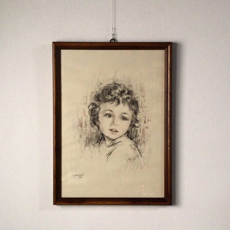 少女人物画　パステル・水彩　額 木製無垢材 デザイン・コンデイション良好