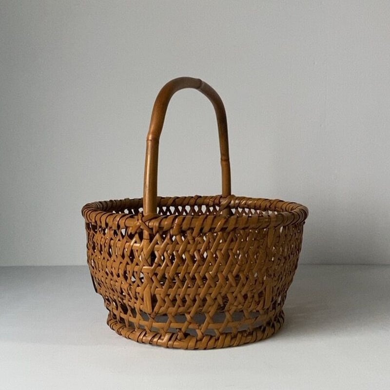 足付き茶碗籠 幅約29cm 竹編丸竹持ち手 ワンハンドルヴィンテージ