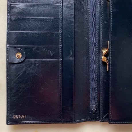 GUCCI  オールドグッチ  ロングウォレット ホースシューゴールド金具 ブラックスムースレザー 2つ折 がま口 70s80s ヴィンテージウォレット