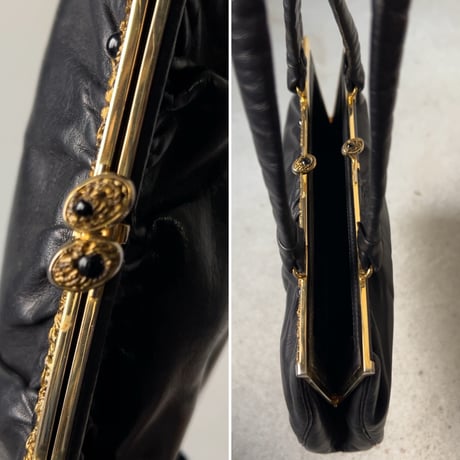 古いレザーのハンドバッグ  スムースラムレザー 羊革 ブラック ゴールド金具 がま口型 ストーン装飾 ヴィンテージバッグ  中古美品