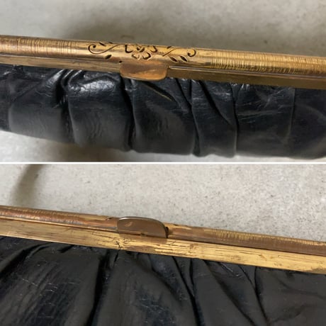 ヴィンテージ パーティバッグ  ブラックレザー/真鍮がま口  ギャザーデザイン ストラップは2way仕様  50s60s 中古良品