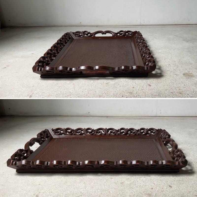 木製 木彫り 脇取盆 持手盆 純喫茶 スクエアトレー 唐草装飾 角盆