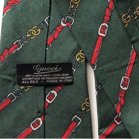 GUCCI  オールドグッチ  ヴィンテージ ネクタイ 筆記体ロゴ シルク100%  グリーンベース GGチェーンベルト柄 レジメン 中古美品