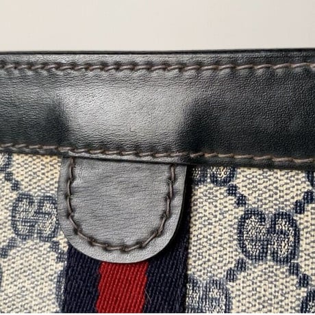 GUCCI PARFUMS  グッチパフューム オールドグッチ  コーティングGGキャンバス/レザー シェリーライン 紺赤  23cm 小型  ヴィンテージ コスメ ポーチ 化粧ポーチ