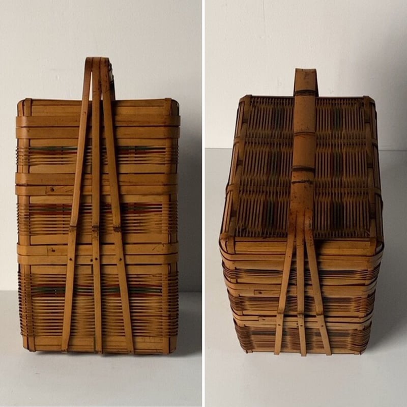 竹籠　三段　弁当箱　竹編み　バスケット　手提げ　ヴィンテージ　年代物　ピクニック 晒竹ピクニックバスケット（白竹）小（正方形）三段弁当