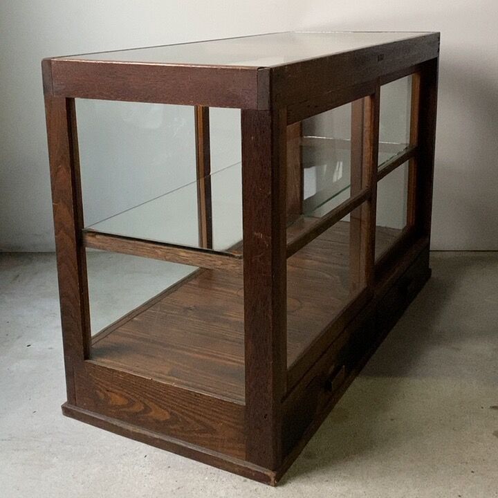 ガラスケース　ショーケース　木製　ゆらゆらガラス　レトロ　アンティーク アンティーク 木枠のショーケース 幅約85.5cm パンケース ガラスケース