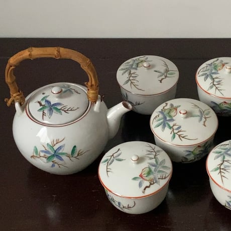 松風 古い茶器セット(急須+蓋茶碗5客) 桃柄 桃図 植物画   竹持ち手 湯呑 煎茶器