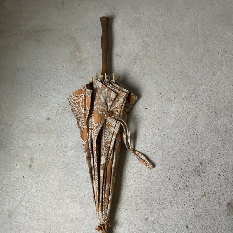 アンティーク日傘 型染 花柄 木彫りハンドル 竹ボタン 大正-昭和初期