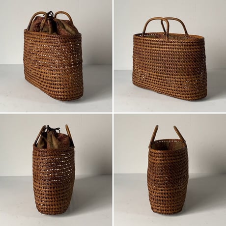 古い籐巻きの煎茶籠 中間サイズ 30cm  更紗あり  ヴィンテージカゴバッグ ほぼ 完品