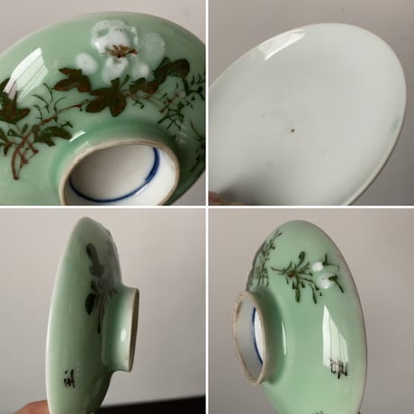 古い中国の蓋茶碗(飯椀) 4客セット(5客ですが1点蓋にホツがあるため実質完品4客での御提示) 花紋様 青磁色磁器 ヴィンテージ食器 テーブルウェア