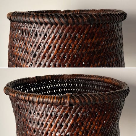 明治期 古い茶碗かご 30cm  濃い飴色にヤケた麻の葉編み竹籠  足付き水切りカゴ  古民藝 古民具  アンティーク編み籠  メンテナンス済