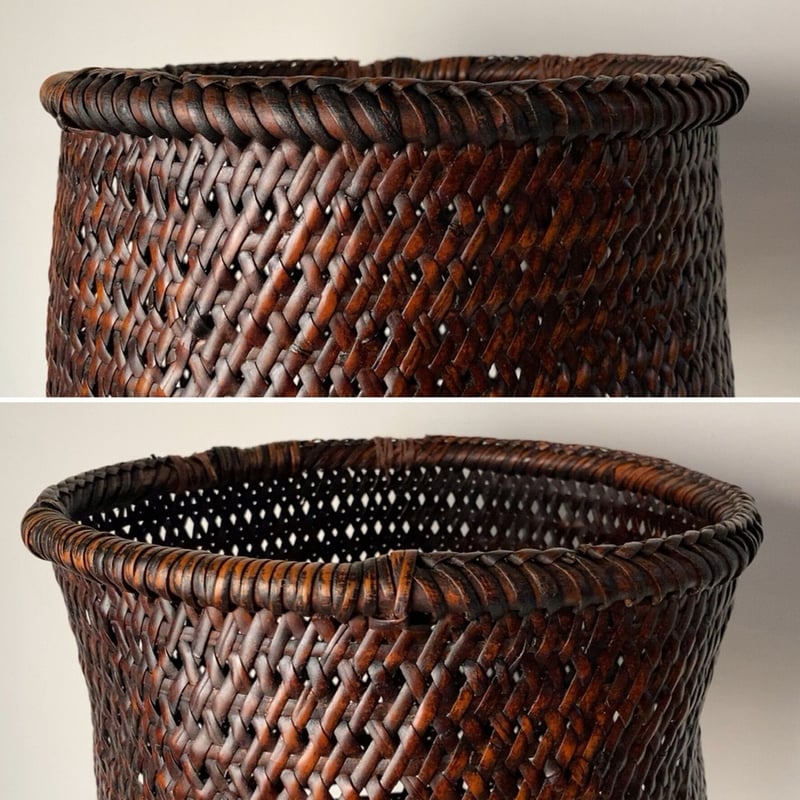 明治期 古い茶碗かご 30cm 濃い飴色にヤケた麻の葉編み竹籠 足付き