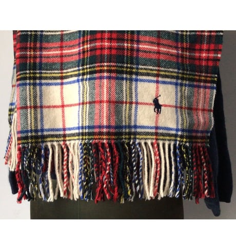 RALPH LAUREN  ラルフローレン   ウール100%  大判ストール  ひざ掛け 膝掛け  肩掛け マフラー  タータンチェック 赤/白  好配色  POLO ポロ  中古良品