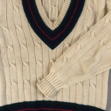Polo by Ralph Lauren ポロ ラルフローレン　80sヴィンテージ  ケーブル編み Vネック チルデンセーター  size S   ウール100%  好配色