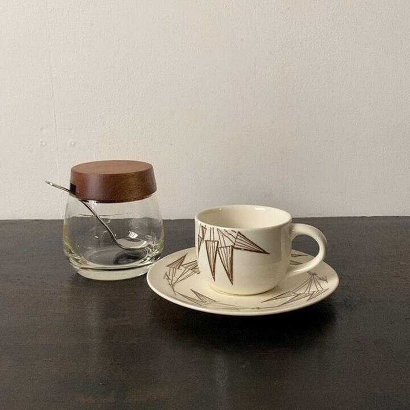 知山窯 コーヒーカップ&ソーサー5客セット 白磁＋幾何学模様絵付