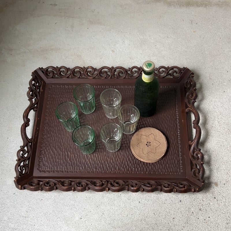 木製 木彫り 脇取盆 持手盆 純喫茶 スクエアトレー 唐草装飾 角盆