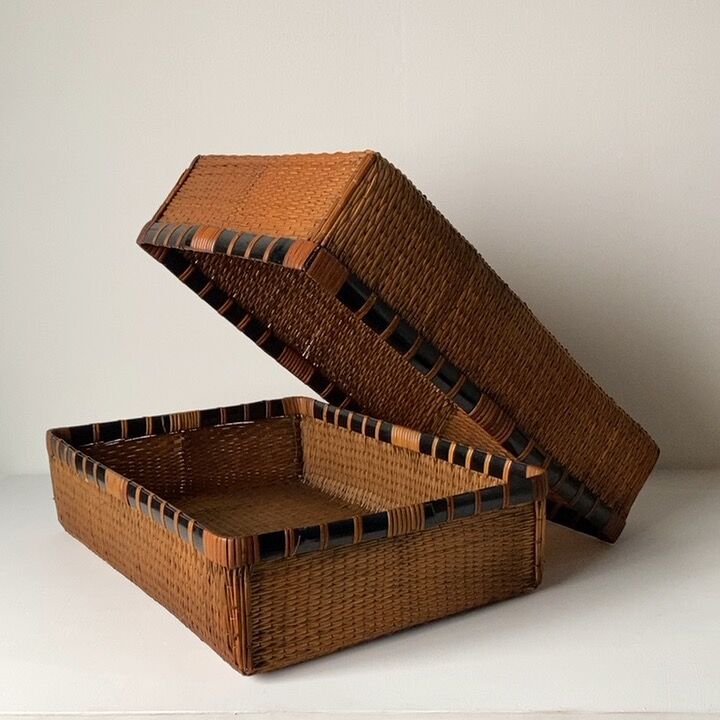 縁有り小型柳行李 平箱 幅約45cm 道具箱 ヤケ感良好 古い工芸品