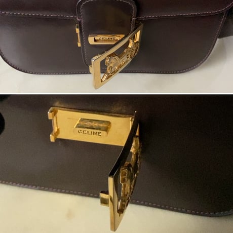 CELINE オールドセリーヌ 馬車金具 ダークブラウン ゴールド金具 ボックスカーフ 80s 90s ヴィンテージセリーヌ グッドコンディション