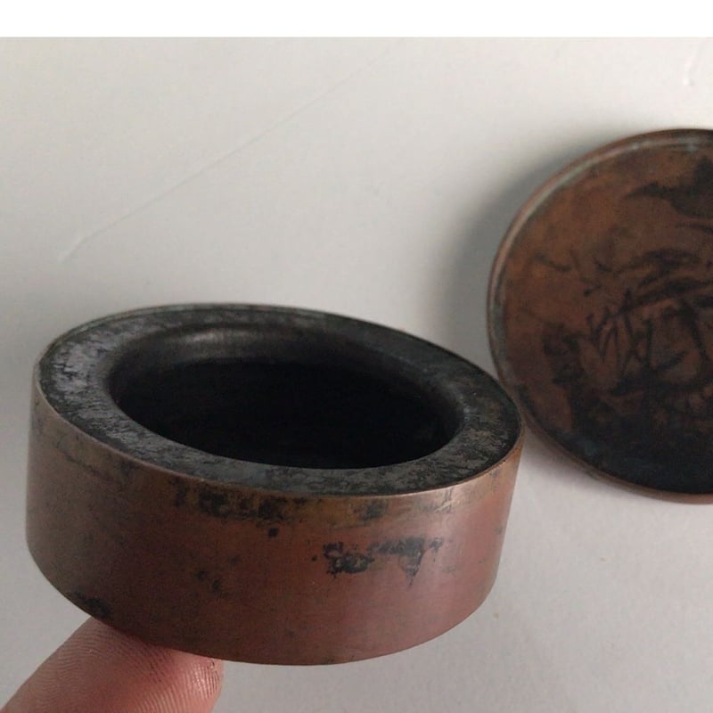 明治〜大正時代の銅の墨壺 古い書道具 古い日用品 日本の古道具