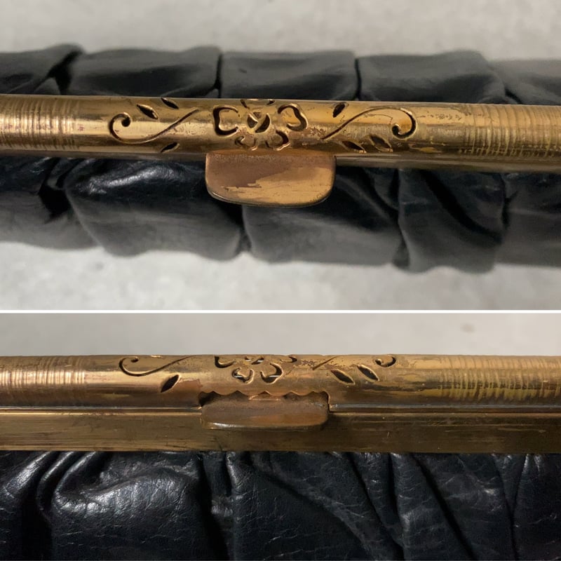 ヴィンテージ パーティバッグ ブラックレザー/真鍮がま口 ギャザー