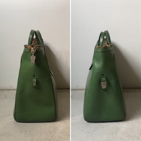 ヴィンテージ レザーバッグ  50s60s 当時物レザートート 革鞄 グリーンレザー ファスナーオープン カギあり インナーシミ外装美品範疇