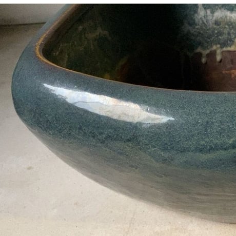 古い四角火鉢 最大幅45cm 海鼠(なまこ)釉 瑠璃釉 深海色 メダカ鉢 睡蓮鉢 金魚鉢 ビオトープ 甕 瓶 完品