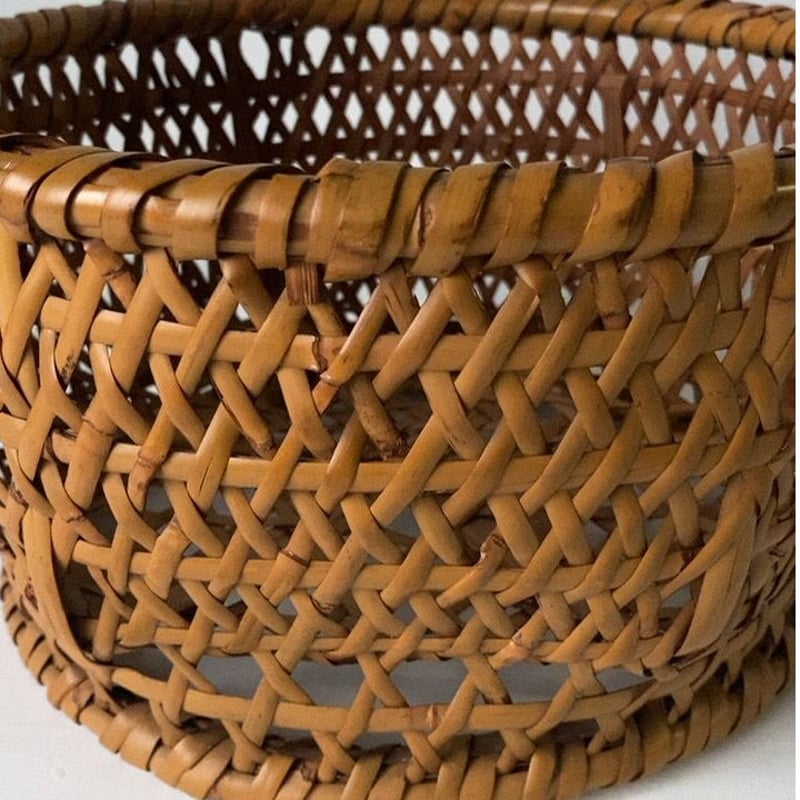 足付き茶碗籠 幅約29cm 竹編丸竹持ち手 ワンハンドルヴィンテージ