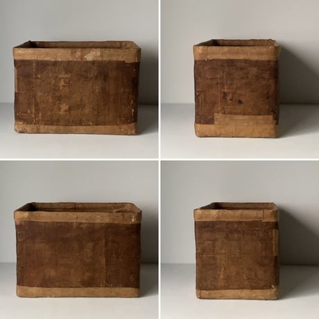 古い一閑張りの道具箱  32cm  竹籠＋紙＋柿渋  深型  古箱  古道具  昭和期