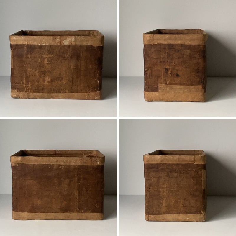 古い一閑張りの道具箱 32cm 竹籠＋紙＋柿渋 深型 古箱 古道具