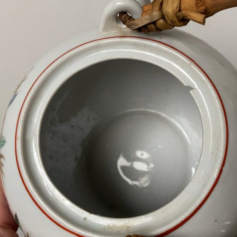 松風 古い茶器セット(急須+蓋茶碗5客) 桃柄 桃図 植物画 竹持ち 松風 古い茶器セット(急須+蓋茶碗5客) 桃柄 桃図 植物画 竹持ち