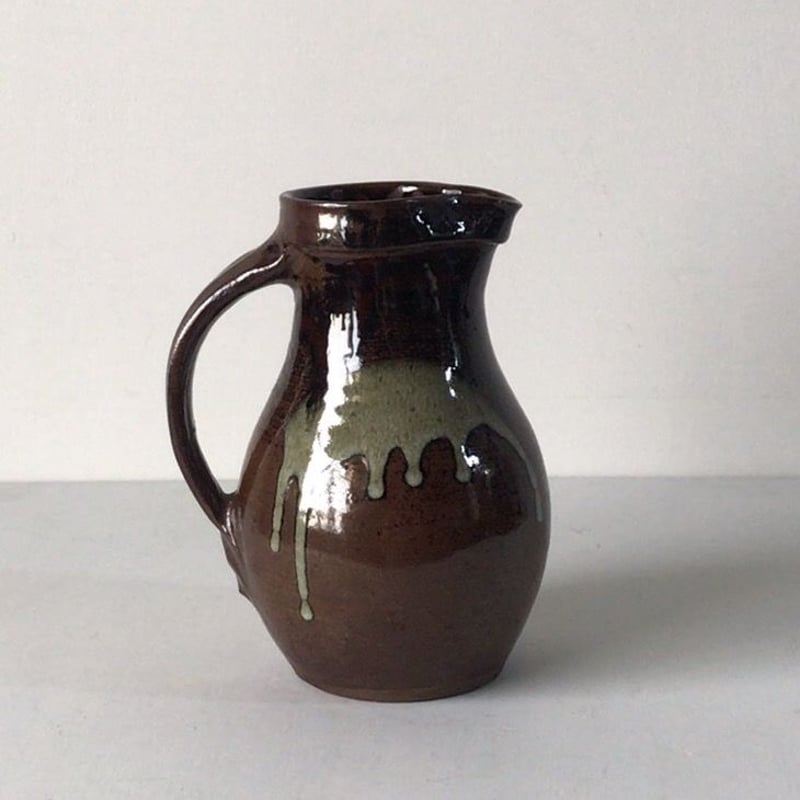 小石原焼 8寸ピッチャー 飴釉・打掛 把手壺 水差 花器 ジャグ。民藝