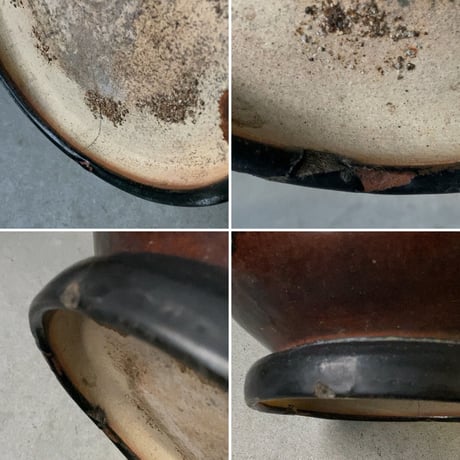 古い火鉢 33cm 茄子型 持ち手 足付き メダカ鉢 水栽培器 睡蓮鉢 ビオトープ鉢 ガーデニング 絞り釉 重ね掛け釉 二重掛け釉薬  堤焼き 古甕