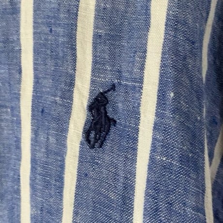 POLO RALPH LAUREN ポロ ラルフローレン 2020年製 クロップドリネンシャツ 青/白 ストライプ ドロップショルダー size XS  USED美品